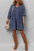 Sail Blue 3/4 Sleeve Tied V Neck Pleated Denim Mini Dress