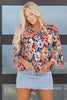 Black Floral 3/4 Flare Sleeve Tied V Neck Blouse