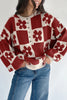 Black Flower Plaid Henley Baggy Sweater
