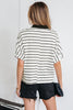 White Stripe Stand Collar V Neck Elastic Cuffs Half Sleeve Dolman Top