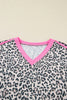 Khaki Leopard Print Contrast V Neck Varsity Stripe Detail Long Sleeve Top