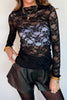 Black Sheer Floral Lace Lettuce Trim Mock Neck Long Sleeve Top