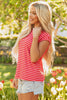 Red Stripe Ribbed Cap Sleeve Round Neck T Shirt