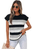 Black Stripe Mixed Print Crew Neck Cap Sleeve T Shirt