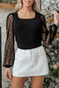 Black Polka Dot Mesh Puff Sleeve Patchwork Ribbed Square Neck Slim Top