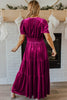 Evergreen Velvet Short Sleeve Shirred Waist Tiered Maxi Dress