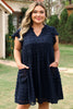 Navy Blue Dotty Textured Notched Neck Plus Ruffled Dress
