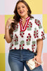 White Plus Size Floral Print Ricrac Striped Trim Short Sleeve Cotton Blouse