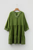 Jungle Green Contrast Stitched V Neck 3/4 Sleeve Tiered Mini Dress
