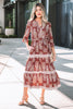 Brown Floral Print Belted Striped Trim Tiered Maxi Dress