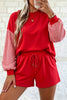 Red Plaid Patchwork Long Sleeve Top Solid Drawstring Shorts Set