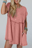 Dusty Pink Corded Knit Textured Patched Pocket Frilled Swing Mini Dress with Pockets