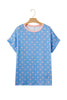 Sky Blue Raised Rib Polka Dot Print Cuffed Short Sleeve Top
