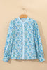 Sky Blue Paisley Print Puff Sleeve Loose Shirt