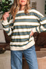 Khaki Stripe Crew Neck Drop Shoulder Pullover Sweatshirt