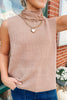 Light French Beige Sleeveless High Neck Knit Split Hem Shift Silhouette Wool Sweater Vest