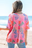 Pink Bowknot Printed Waffle Crewneck Loose Short Sleeve Top