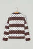 Brown Stripe Patchwork Polka Dot Accent Quarter Zip Long Sleeve Top