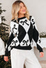 Black Bow Print 2-tone Rhombus Knit Loose Sweater