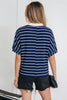 Blue Stripe Stand Collar V Neck Elastic Cuffs Half Sleeve Dolman Top