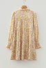 Yellow Floral Print Frilly Trim Smocked Cuff Long Sleeve Loose Shirt Dress