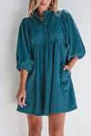 Vineyard Green Corduroy Snap Buttons Empire Waist Bracelet Sleeve Dress