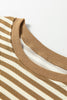 Brown Stripe Textured Drop Shoulder Pullover Top Drawstring Mini Skirt Two Piece Dress Set