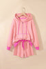 Rose Red Striped Long Sleeve Zip-Up Hoodie Drawstring Elastic Waist 2pcs Short Set