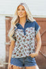 Gray Retro Floral Print Denim Patchwork Buttoned Polo Collar Top