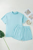 Mist Blue Solid Color Mock Neck Half Sleeve Top Plus Size 2pcs Short Set