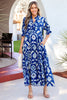 Blue Wild Floral Print Frilled Collar Half Sleeve Long Dress