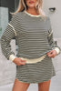 Black Stripe Textured Drop Shoulder Pullover Top Drawstring Mini Skirt Two Piece Dress Set