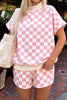 Pink Checkered Print Color Block Trim Mock Neck Short Set