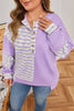 Purple Stripe Patchwork Buttoned Drop Shoulder Plus Size Pullover