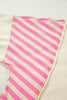 Pink Stripe Contrast Polo Collar Drop Shoulder Patchwork Plus Size Pullover