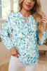 Sky Blue Floral Print Frilled Trim Tie Neck Elastic Cuffs Long Sleeve Blouse