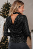 Black Sequin Mock Neck Drape Open Back Bell Sleeve Top