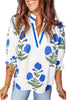 Sky Blue Casual Wild Flower Print V Neck 3/4 Sleeve Blouse
