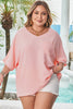 Pink Textured Half Sleeve V Neck Plus Size T Shirt with Chest Pocket