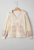 Beige Floral Patched Waffle Textured Colorblock V Neck Casual Hooded Top