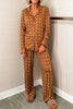 Brown Polka Dot Print Long Sleeve Shirt Pant 2pcs Pajama Set