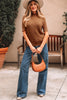 Straw Yellow Fish Scale Textured Knit Ribbed High Neck Short Sleeve Sweater