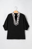 Black Dolman Half Sleeve Leopard Patchwork Trim V Neck Blouse