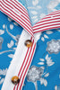 Blue Retro Floral Print Striped Trim Button Neck Short Sleeve Blouse