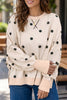 Beige Loose-fit Long Sleeve Round Neck Polka Dot Tunic Sweatshirt