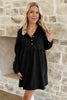 Black Corduroy Half Button Collared Long Sleeve Mini Dress