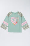 Beige Plaid Floral Peace Heart Graphic Wide Long Sleeve Top