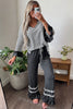 Blue Stripe V Neck Ruffle Contrast Sleeve Top Drawstring Pants 2pcs Set