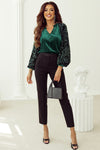 Red Dahlia Sequin Patchwork Sleeve Button Up Velvet Top