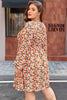Beige Plus Size Floral Print V Neck Long Sleeve Babydoll Short Dress